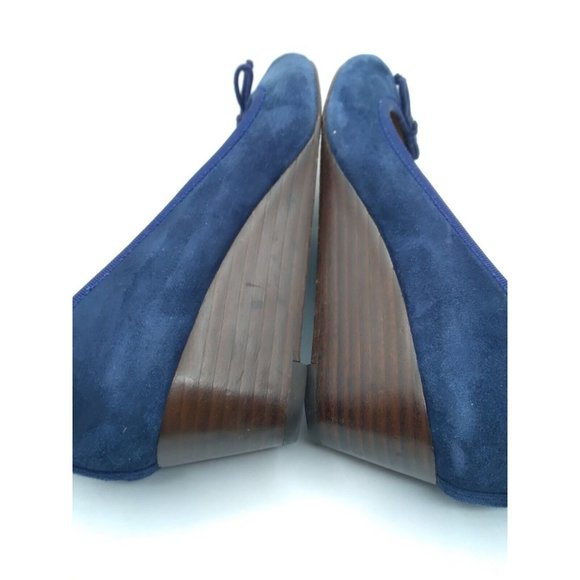 Tory Burch Blue Leather Suede Chelsea Wedge Heels Bow Logo Round Toe 7M - Picture 9 of 15